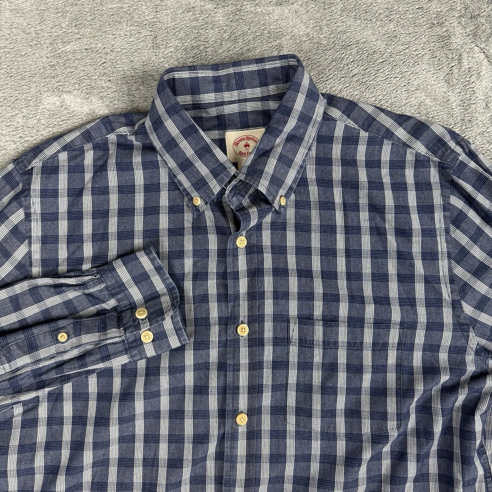 Brooks Brothers Red Fleece Men Large Blue Plaid Button Down Cotton Oxford Shirt